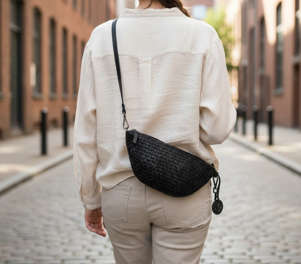 Frau mit geflochtener Tasche Leder Blythe in Ash