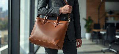 Person trägt Business Casual mit Ledertasche
