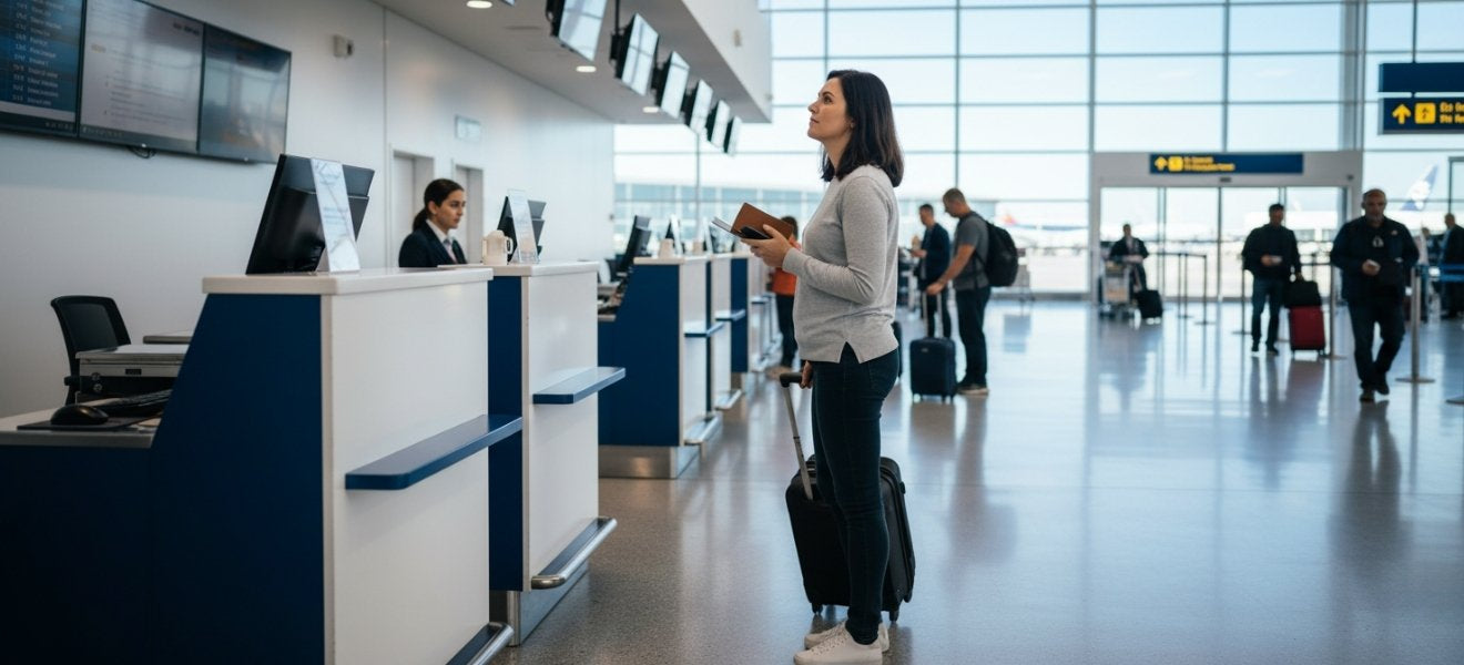 Frau mit Handgepäck für Flugzeug an Check-In