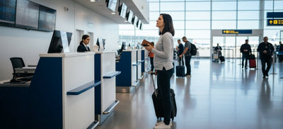 Frau mit Handgepäck für Flugzeug an Check-In
