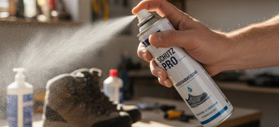 Person sprüht Spray um Leder zu imprägnieren