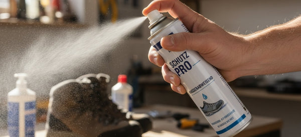 Person sprüht Spray um Leder zu imprägnieren