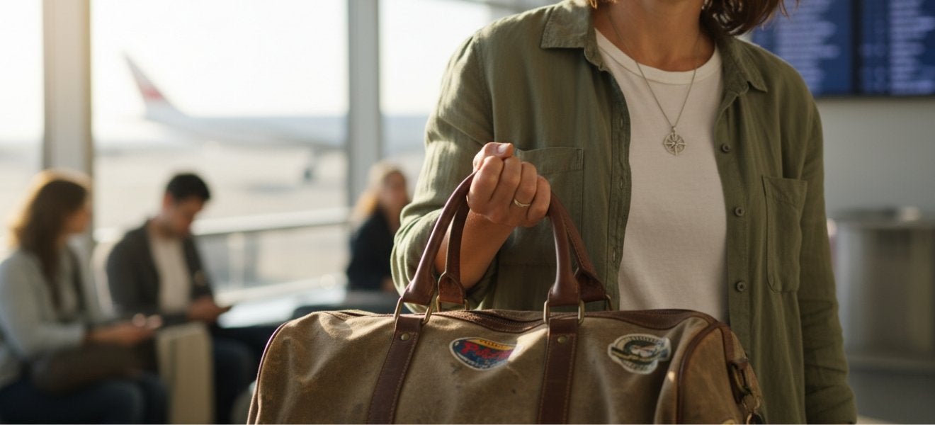 Person hat Reisetasche in Hand mit richtiger Reisetasche Größe