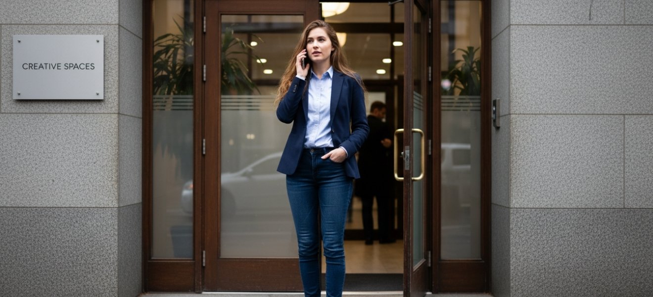 Frau steht vor Tür in Smart Casual Outfit