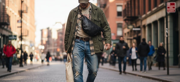 Mann trägt Used Look in Stadt