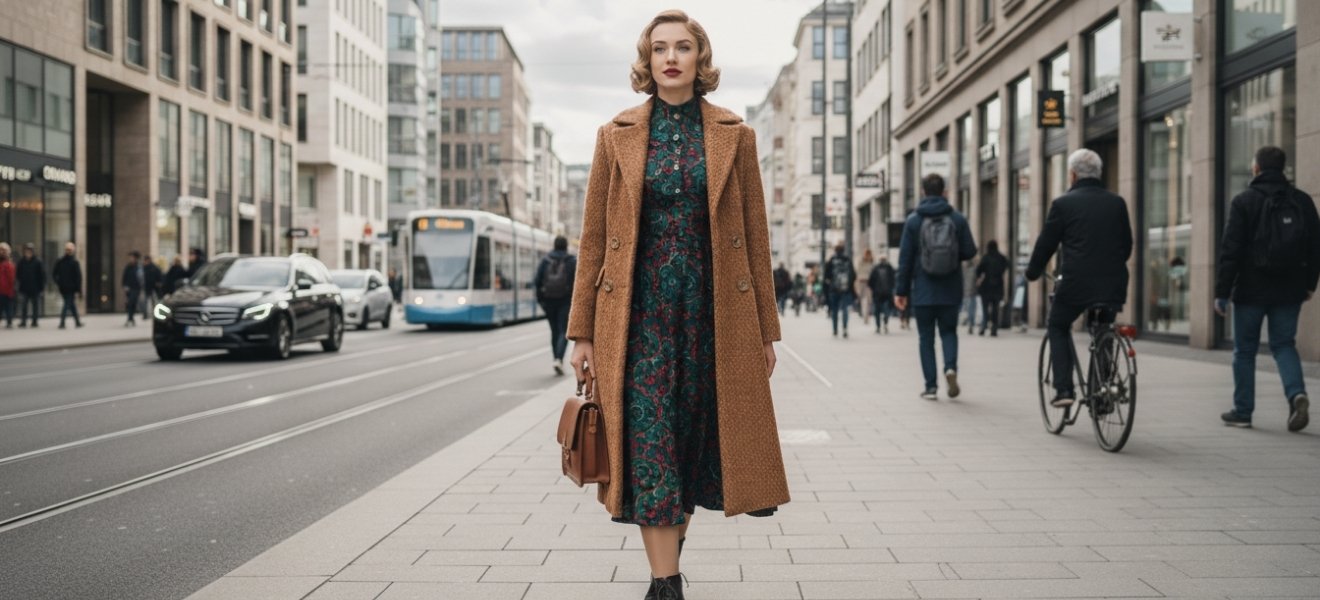 Frau mit Vintage Style läuft durch Stadt
