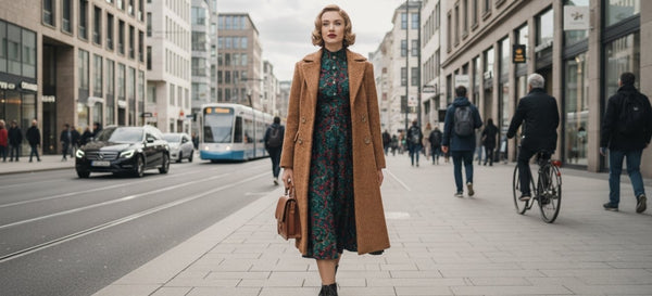 Frau mit Vintage Style läuft durch Stadt