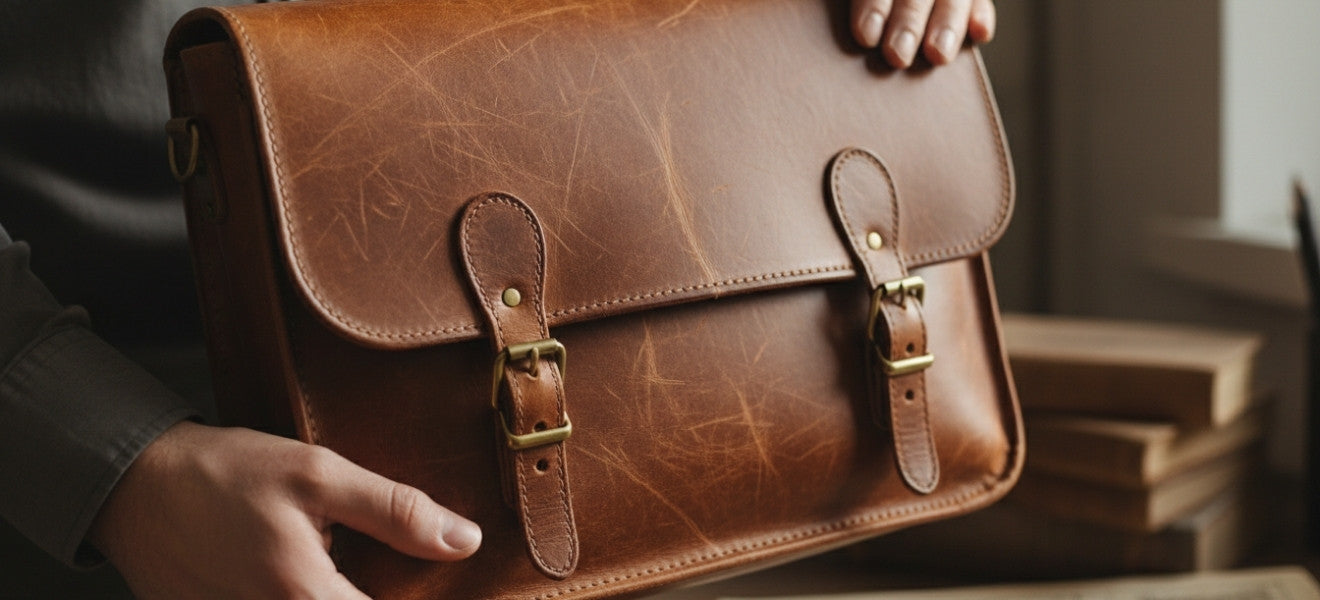 Mann hält Tasche aus nachhaltiges Leder