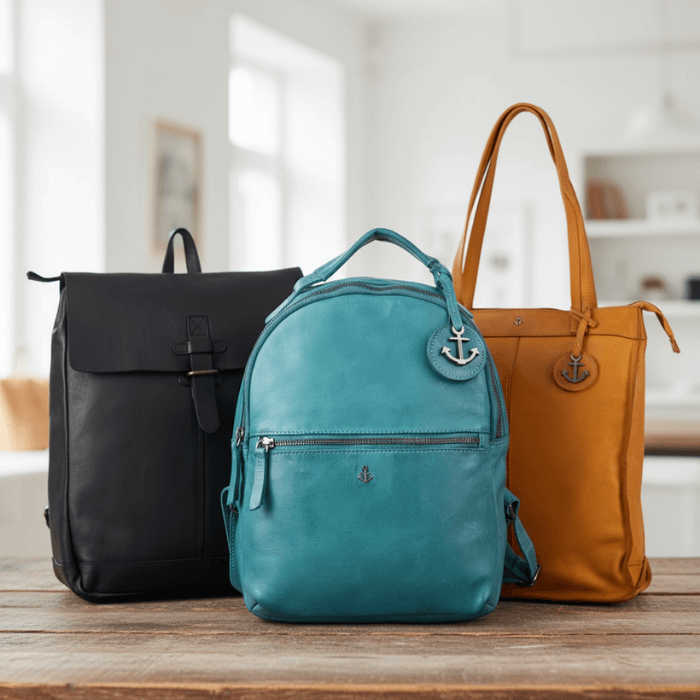 Damen Lederrucksäcke auf Tisch