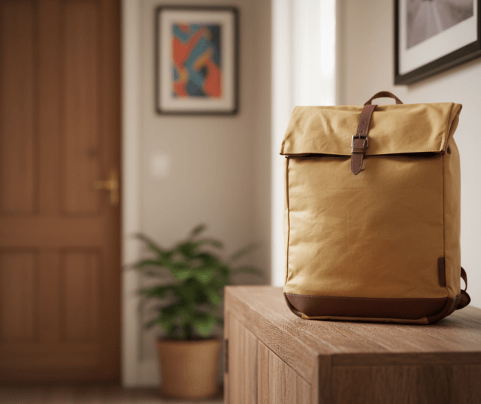 Ledderrucksack im Flur