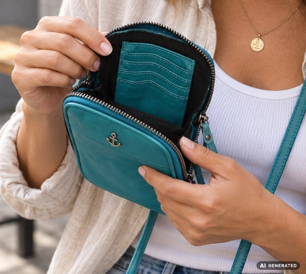Frau hat Lederaccessoires in ihrer Hand