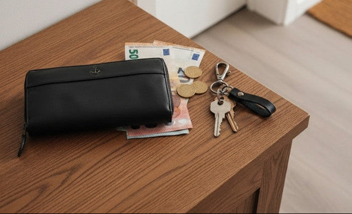 Damen Gelbörse aus Leder auf Schrank liegend