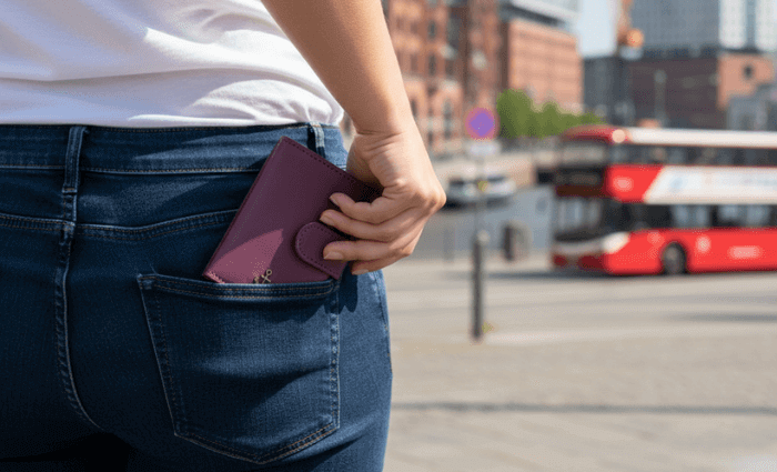 Damen-Geldbörse aus Leder in Hosentasche gesteckt