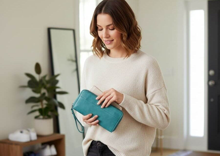 Frau mit Handytasche in Hand