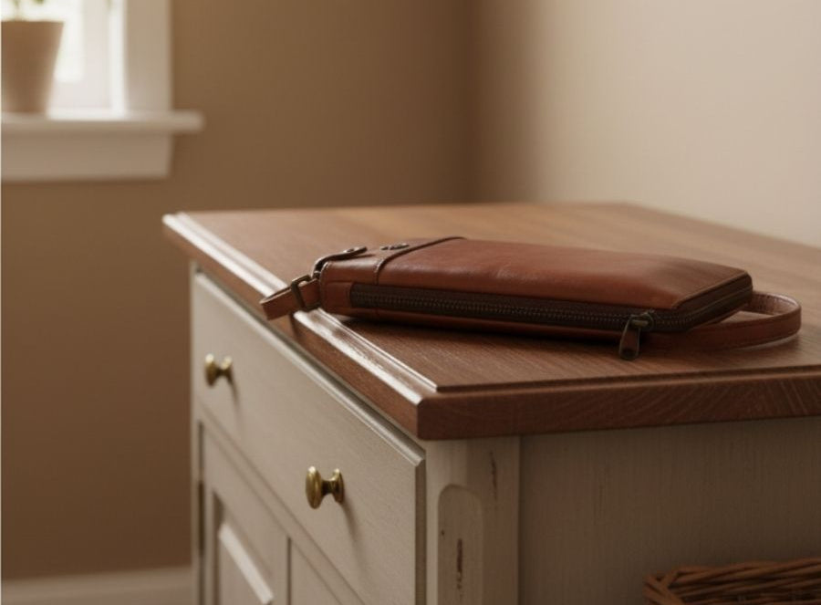 Handytasche liegt auf Schrank