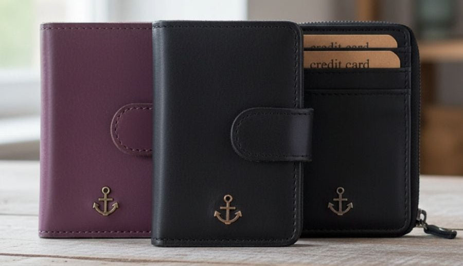 verschiedene Leder Kartenetuis auf Tisch