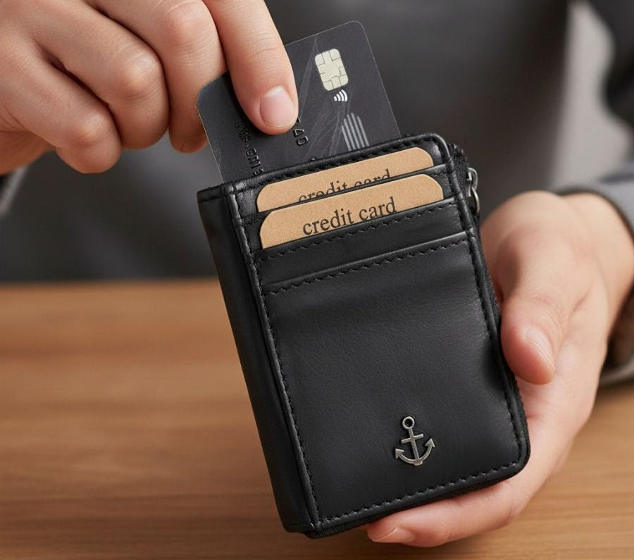 Mann steckt Karte in Leder Kartenetui