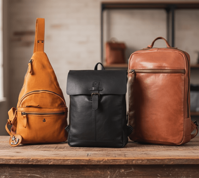 Herren Lederrucksack auf Tisch