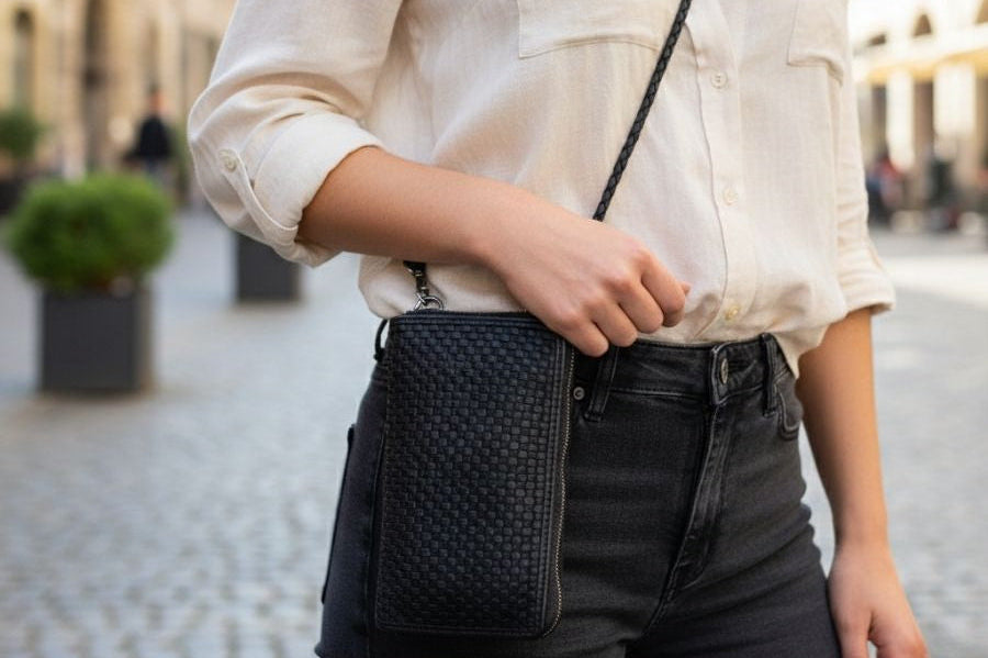 Frau mit Leder Accessoires