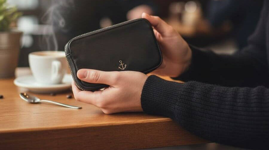 Frau hat Leder Accessoires in der Hand