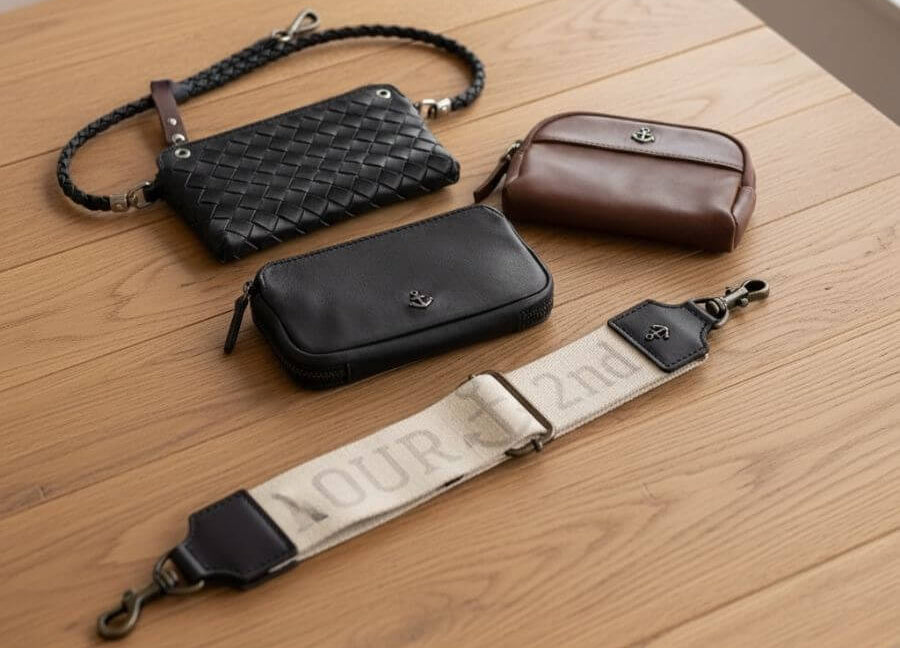 verschiedene Leder Accessoires auf Tisch