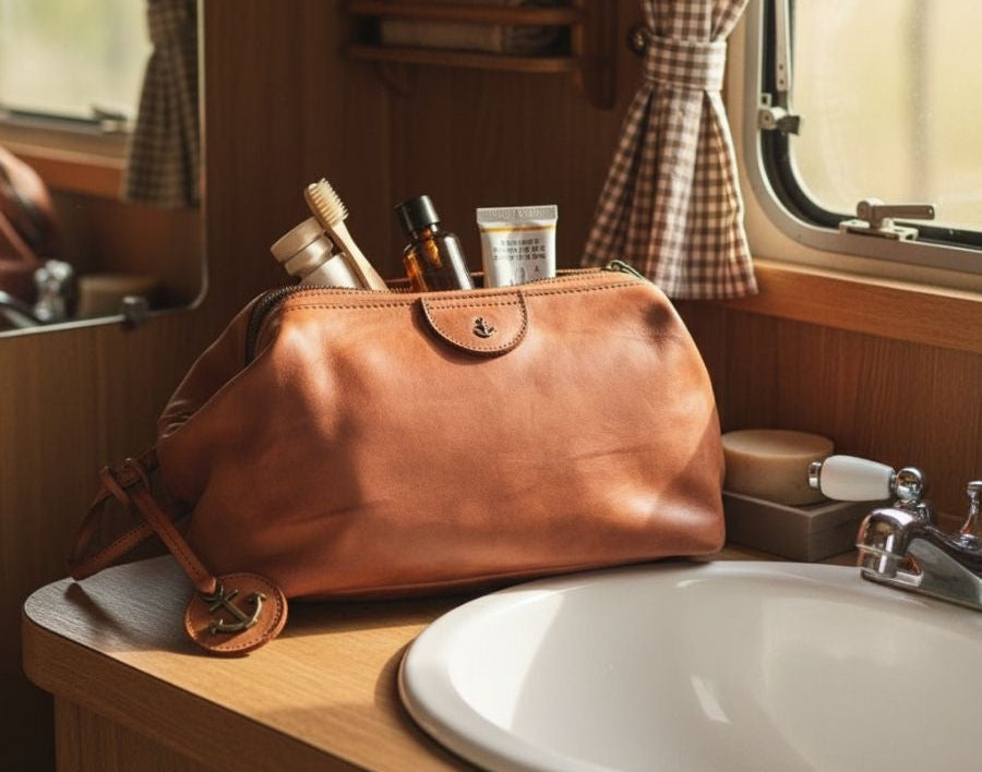Leder Kulturbeutel neben Waschbecken