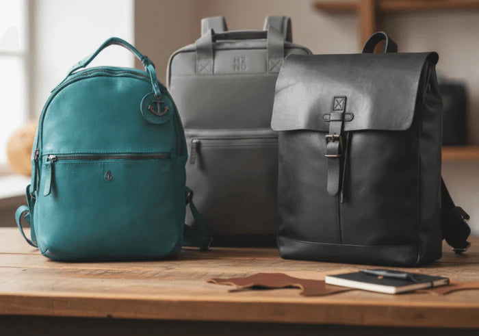 Lederrucksack auf Tisch neben weiteren