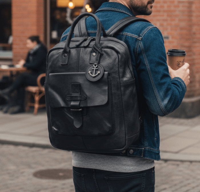 Lederrucksack vor Cafe