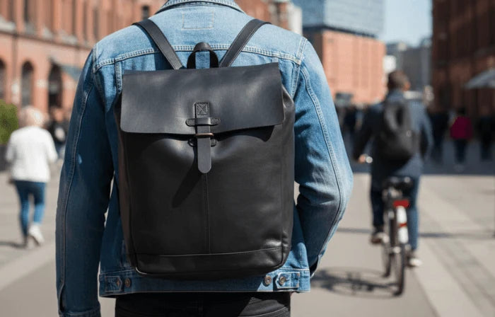 Lederrucksack an Mann in Stadt