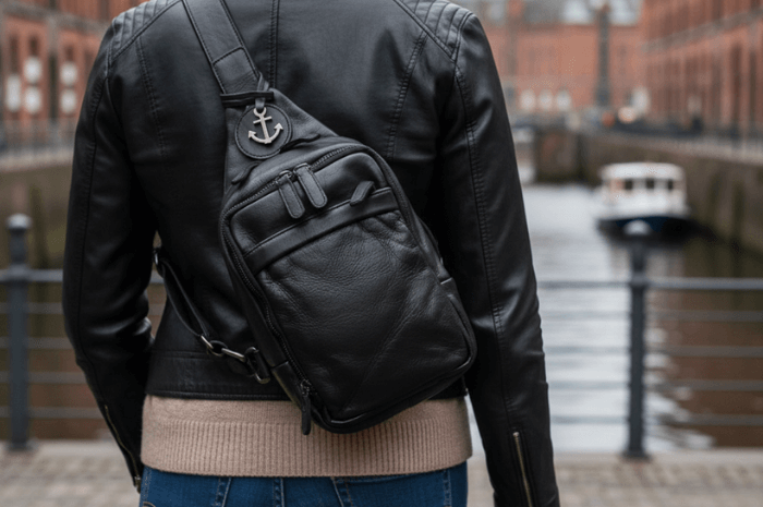 Frau mit Ledertasche