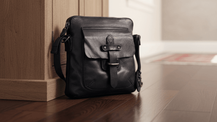 Ledertasche steht auf Boden