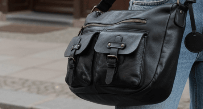 schwarze Ledertasche wird von Person getragen