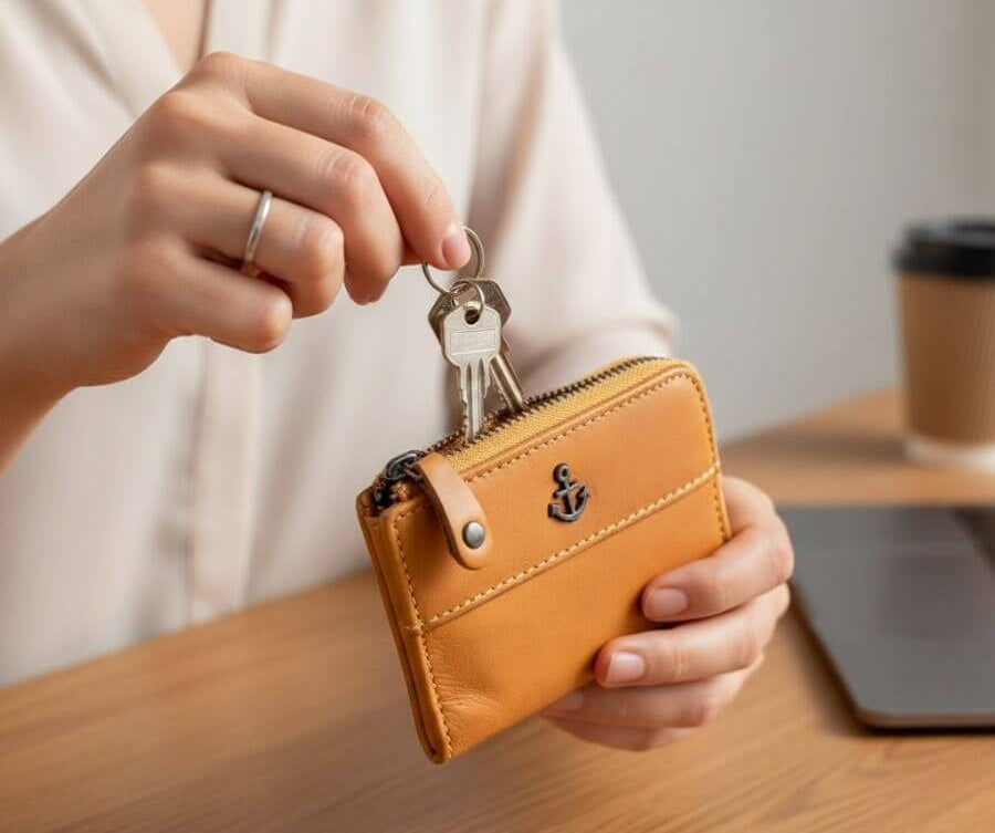 Frau tut Schlüssel in Leder Schlüsseletui