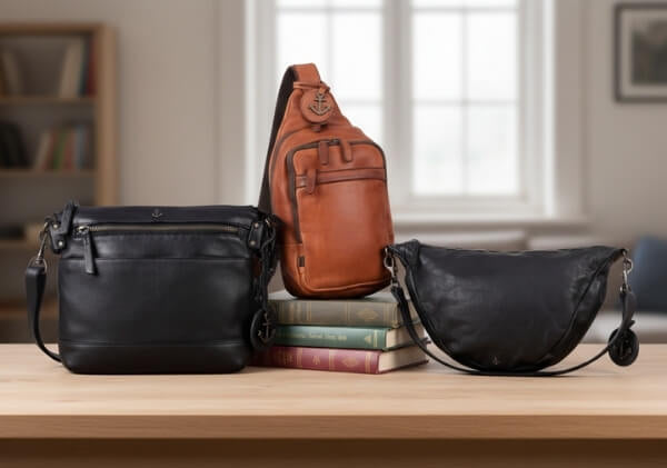 verschiedene Umhängetaschen für Damen auf Tisch
