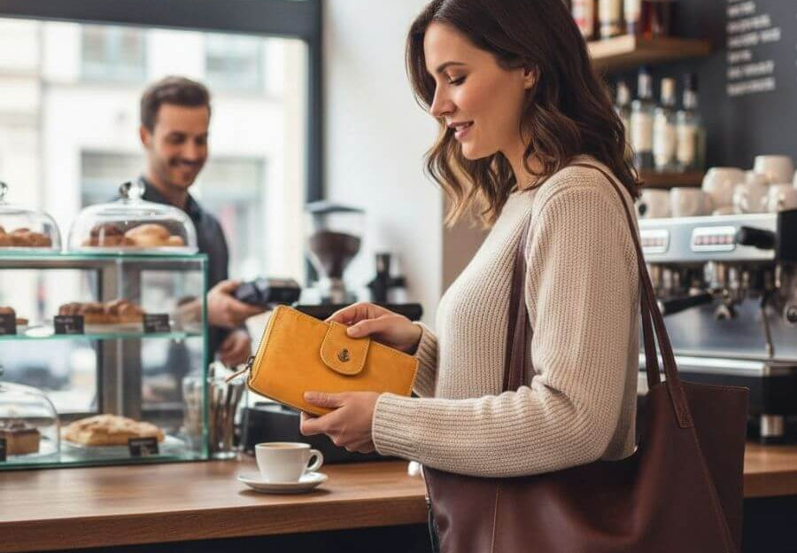 Frau hat große Geldbörse in Hand