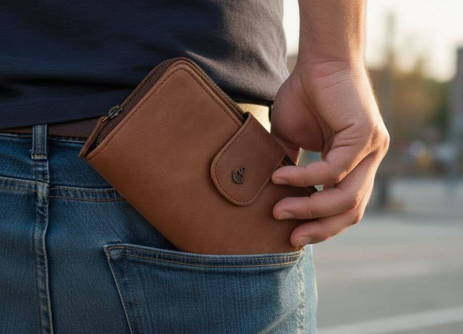 Mann steckt große Geldbörse in hintere Hosentasche