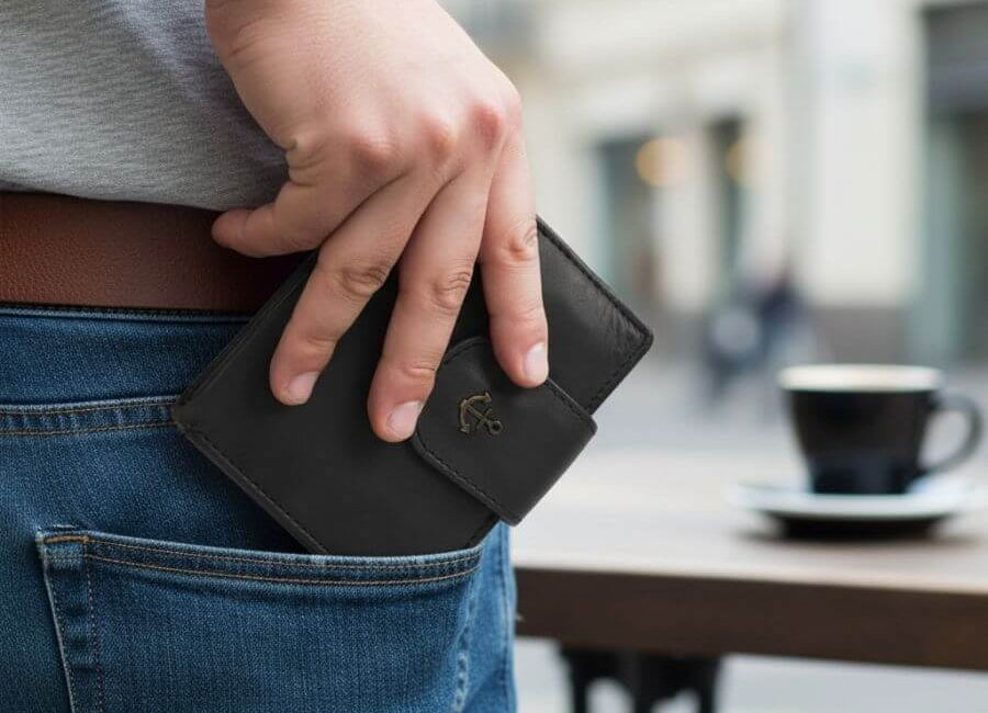 kleine Geldbörse wird aus Hintertasche gezogen