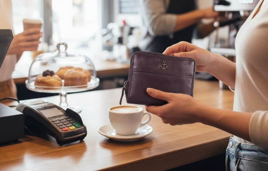 Frau holt Geld aus kleiner Geldbörse